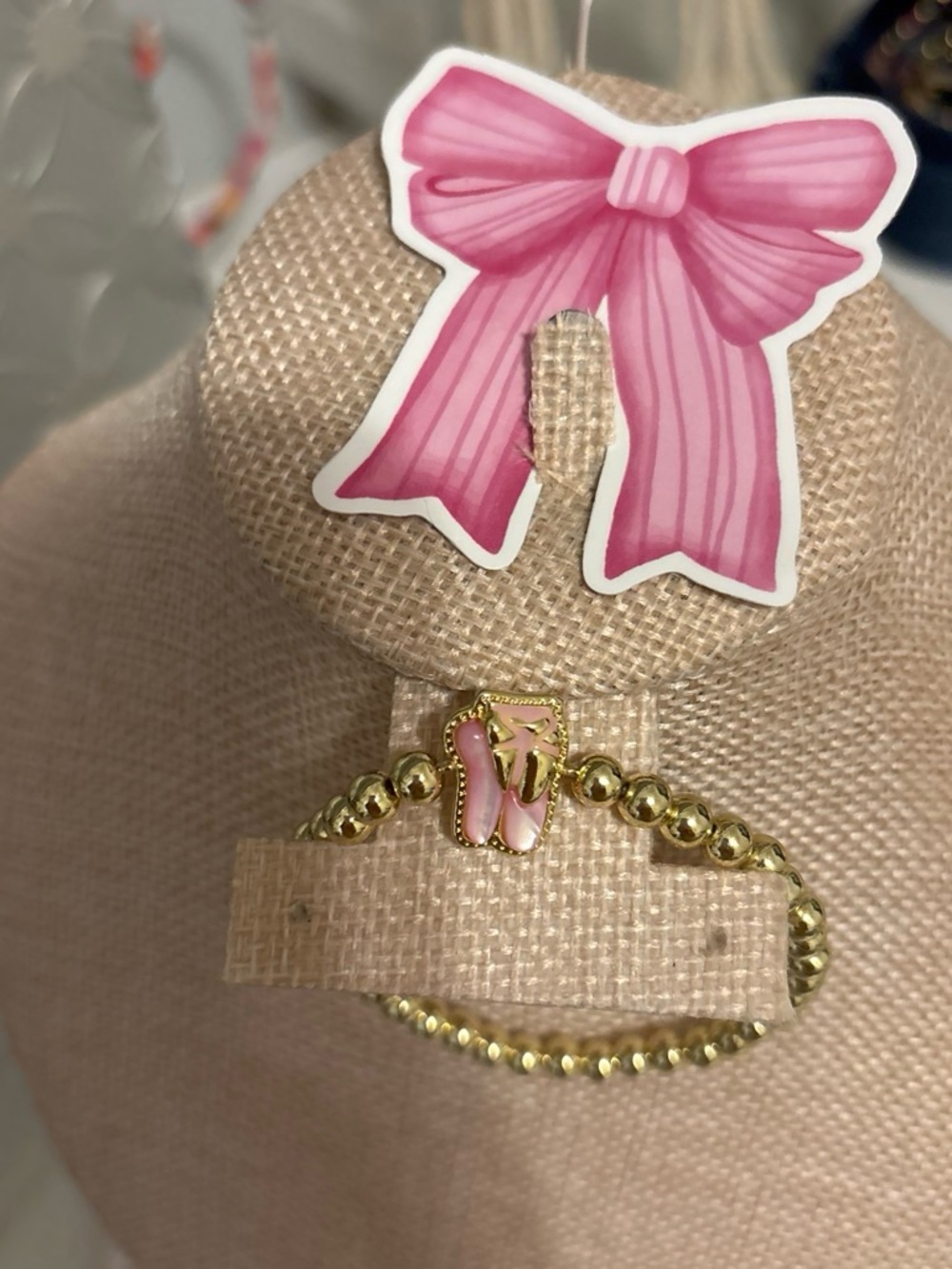 Gold Beaded Bracelet with Pink Ballet Shoe Charm